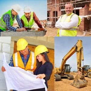 Construction workers and a backhoe